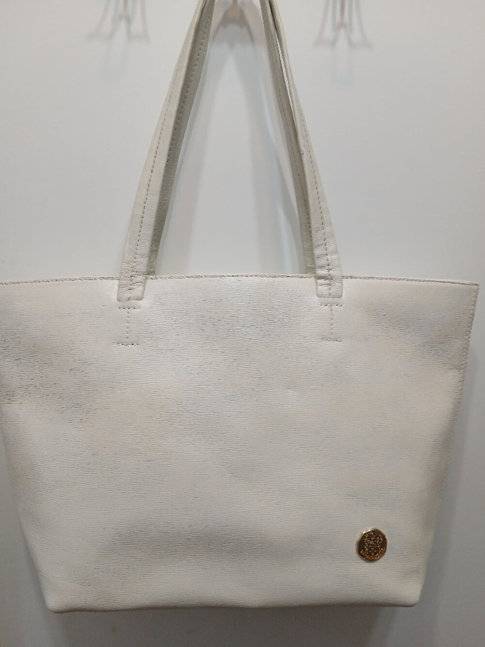 Vince Camuto Cream Leather Tote with Gold Emblem